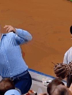 Guy tries to catch the ball at a baseball game